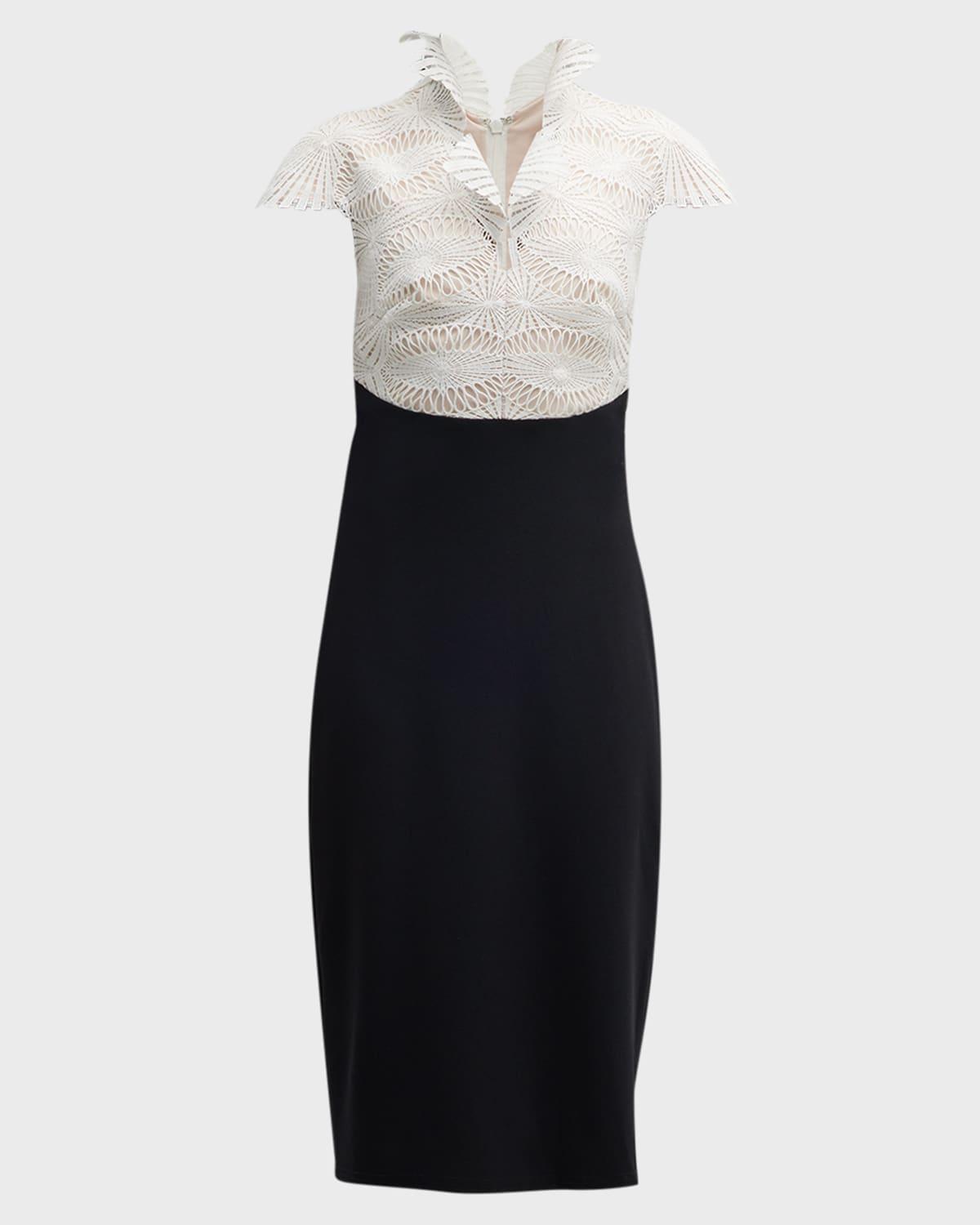 two-tone lace crepe sheath dress