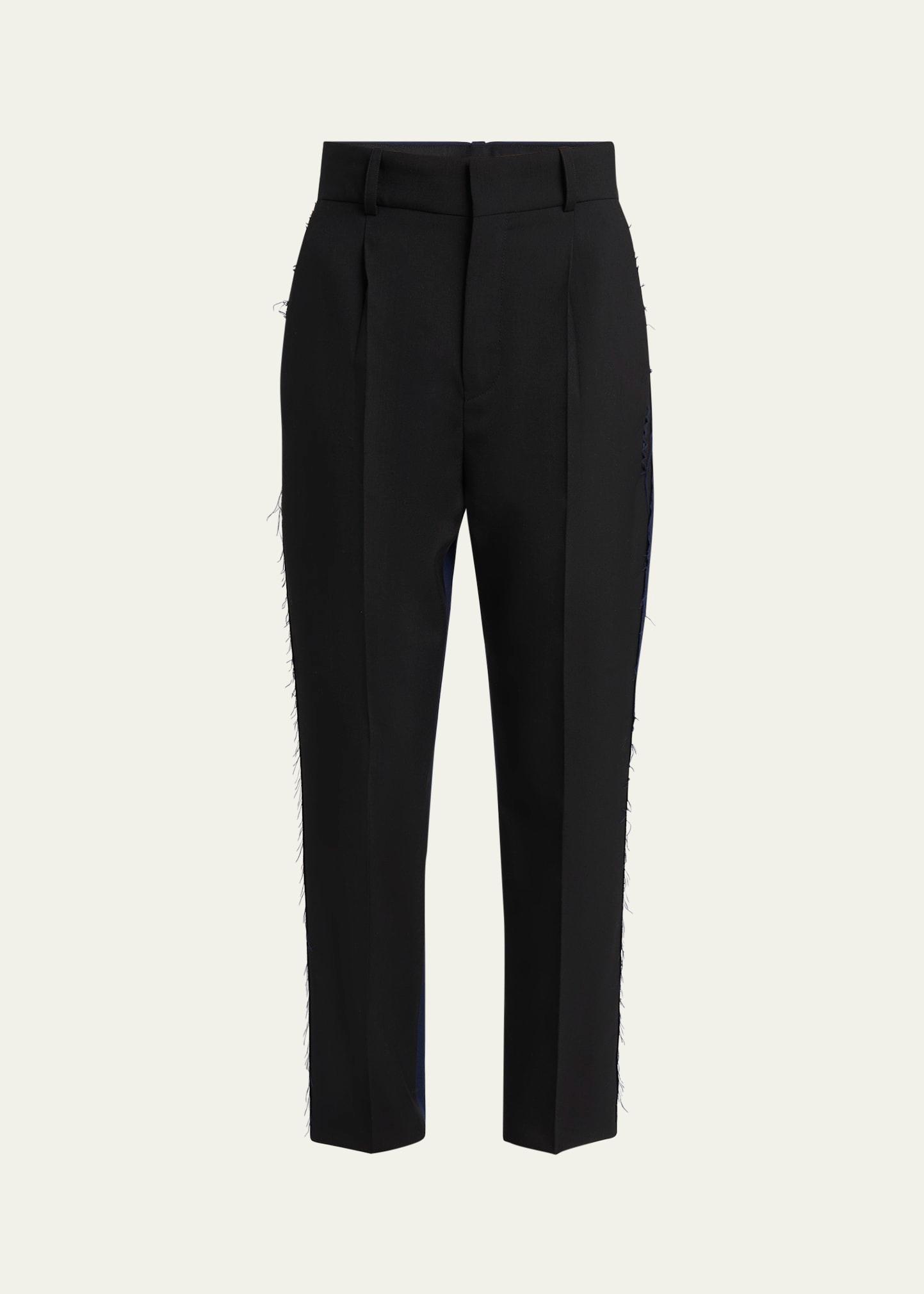 two-tone pleated tapered leg wool trousers