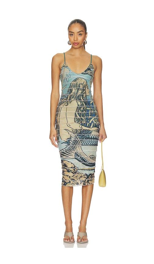 tyler mcgillivary mermaiden ruffle dress in blue.