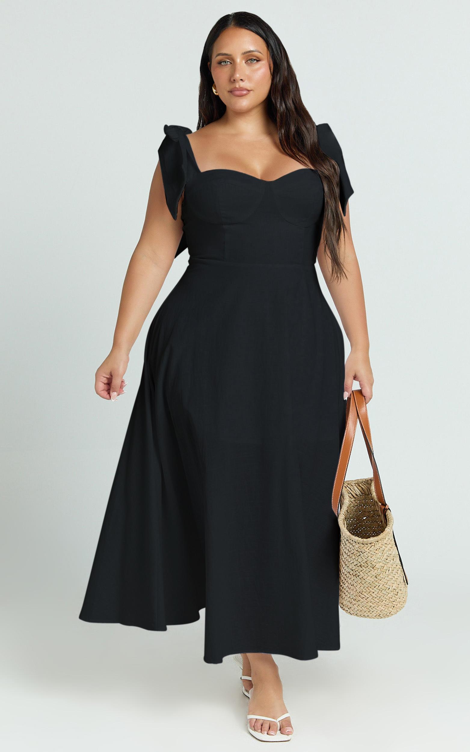 tymia midi dress - shoulder tie bustier shirred back a line in black