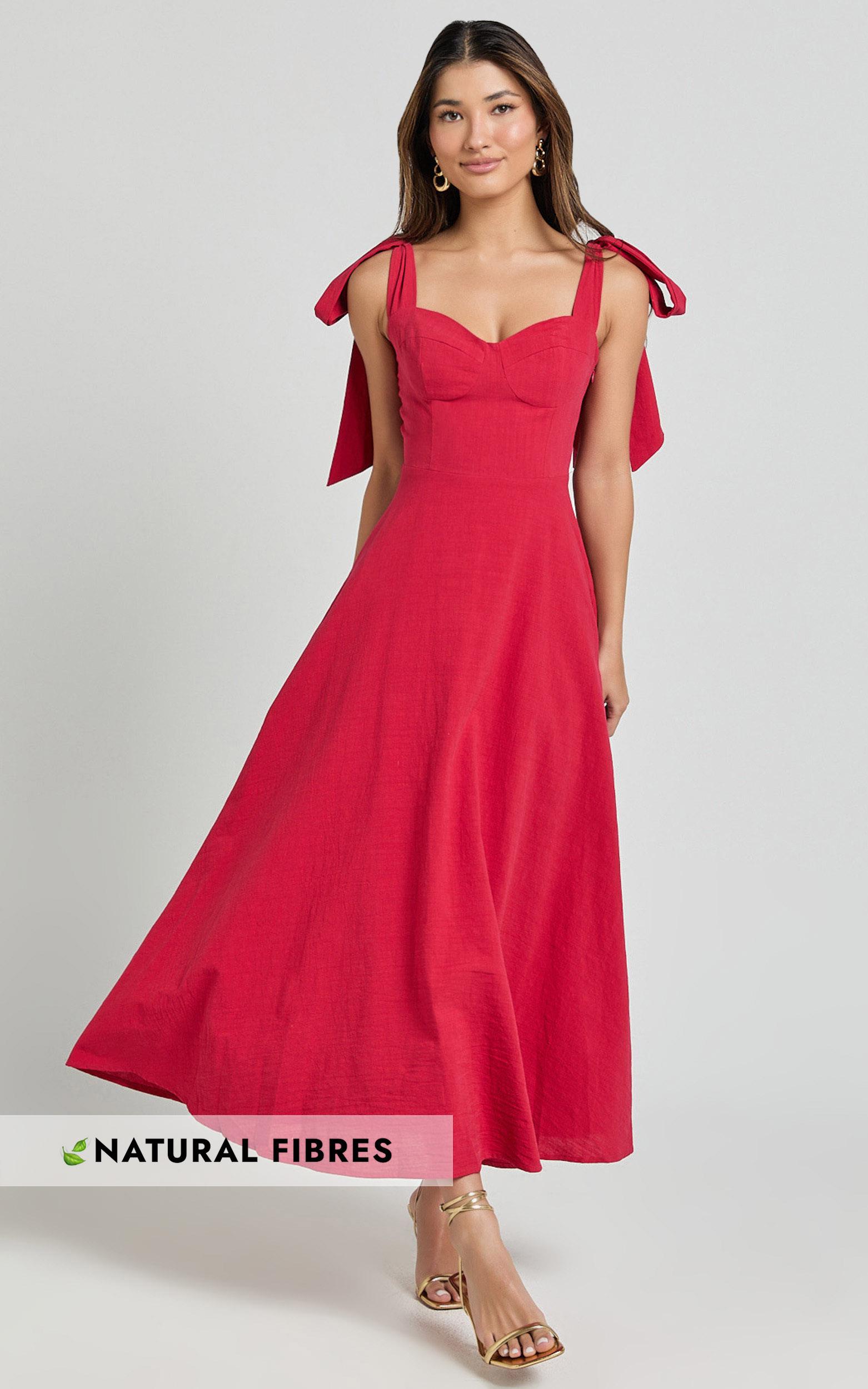 tymia midi dress - shoulder tie bustier shirred back a line in red