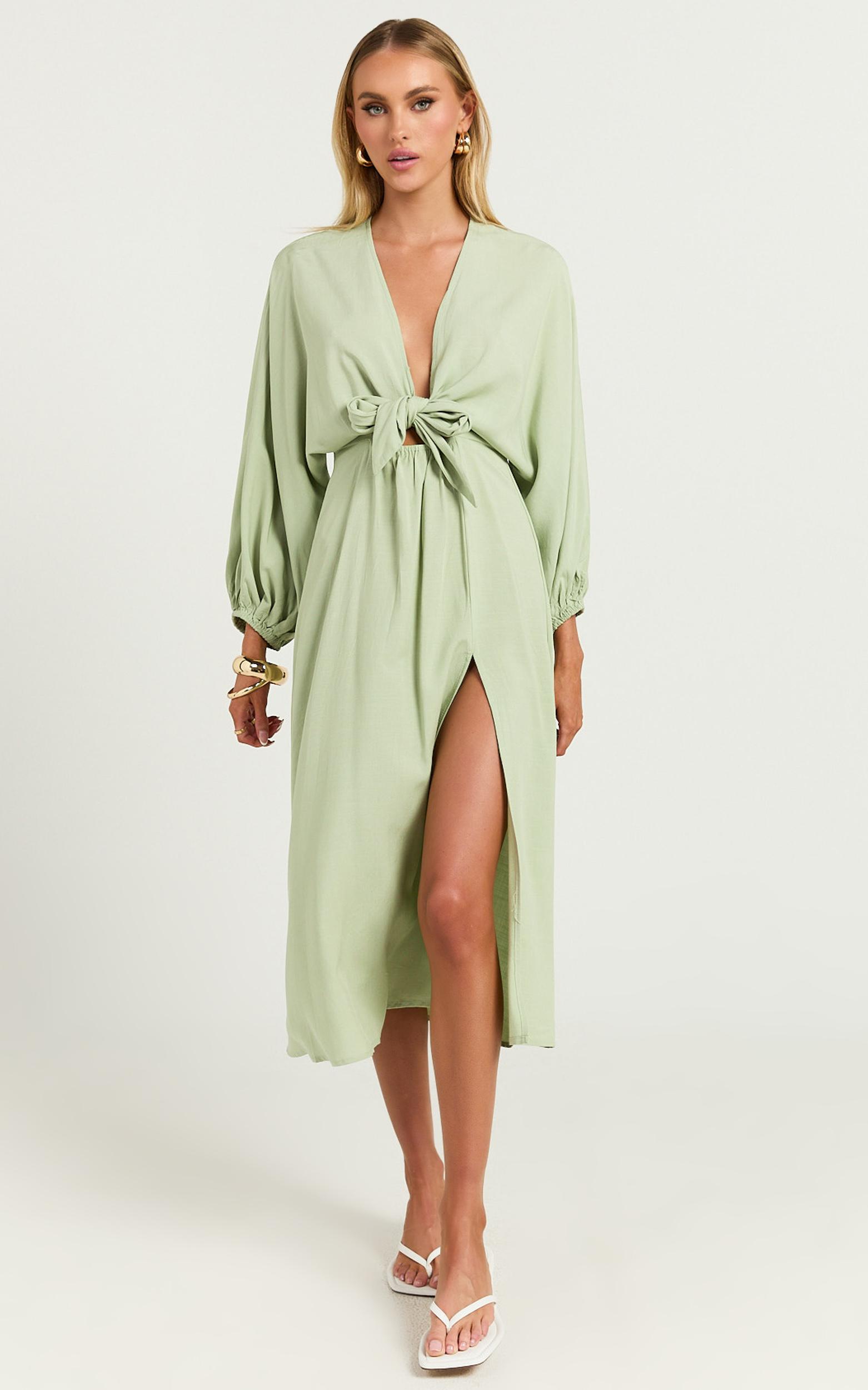 tyricia midi dress - long sleeve tie front cut out dress in sage