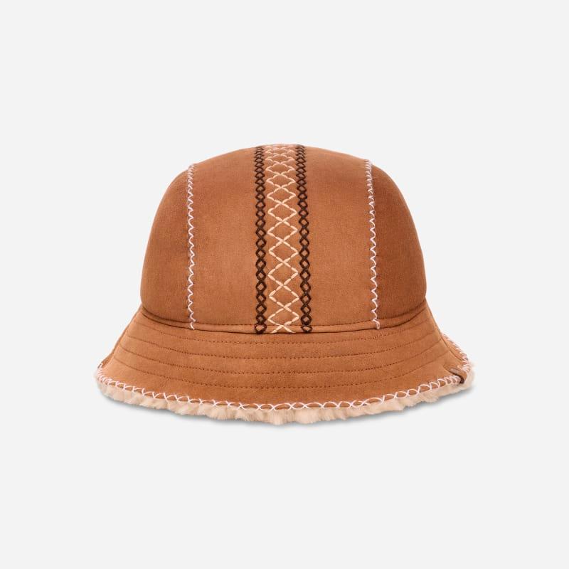 ugg® women's atherson embroidered hat sheepskin in chestnut,