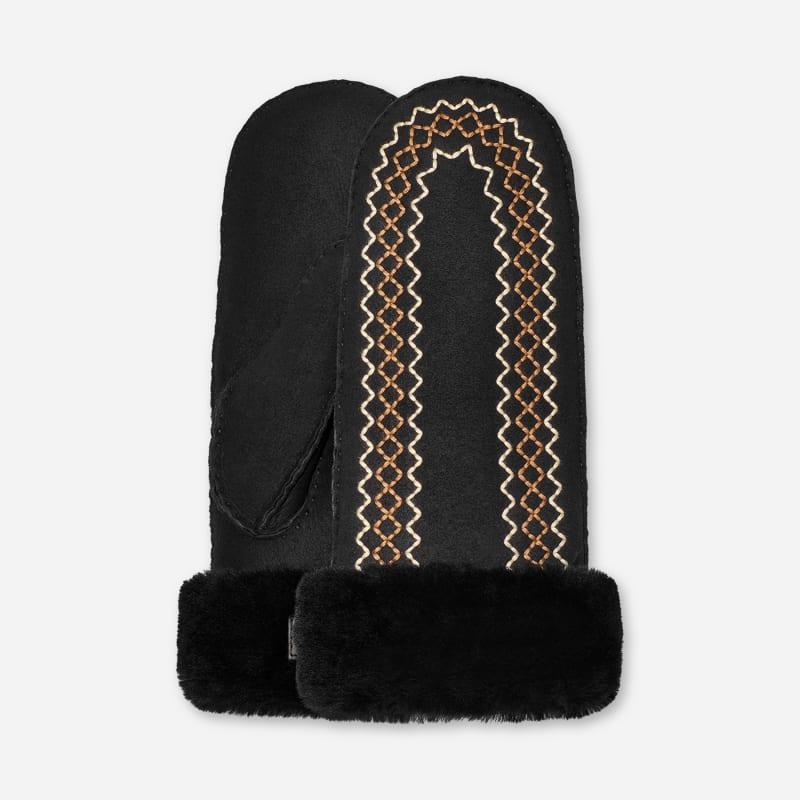 ugg® women's atherson embroidered mitten sheepskin in black,