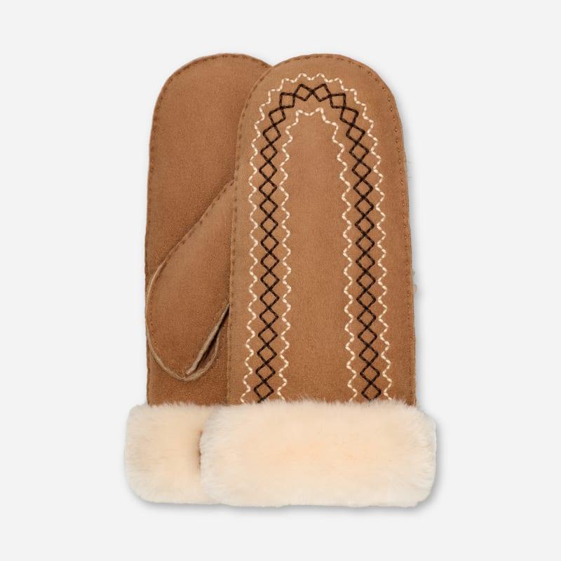 ugg® women's atherson embroidered mitten sheepskin in chestnut,