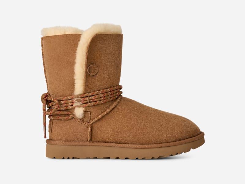 ugg® women's bailey tie sheepskin classic boots in chestnut,