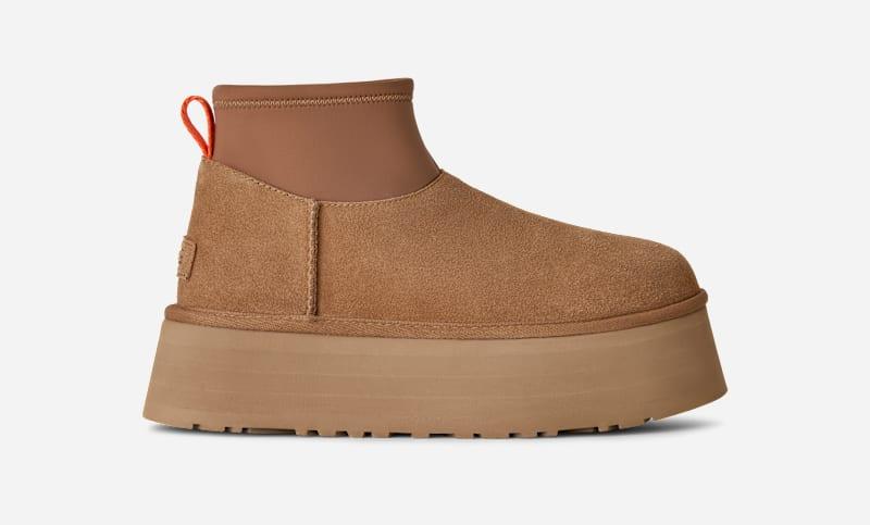 ugg® women's classic mini dipper suede/neoprene/recycled materials/polyester classic boots in chestnut,