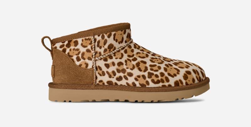 ugg® women's classic ultra mini plains cow hair classic boots in felicity leopard jasmine,