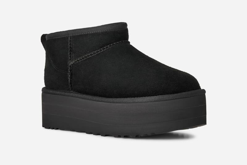 ugg® women's classic ultra mini platform suede classic boots in black,