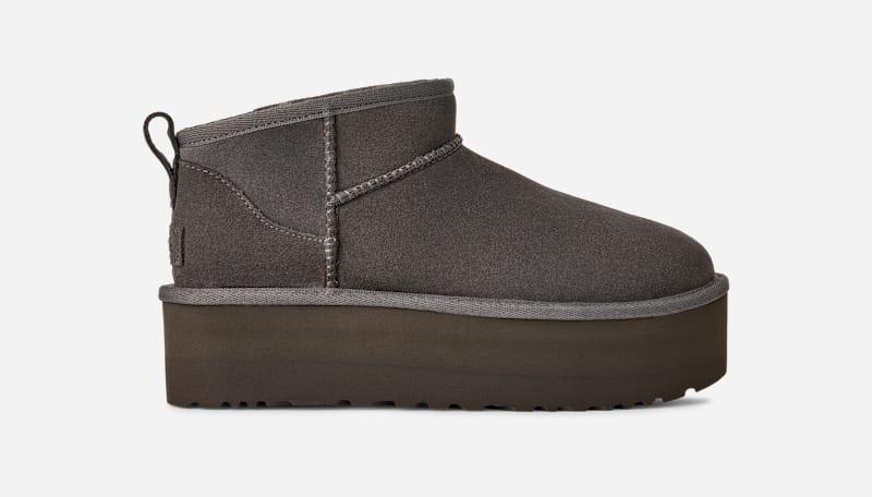 ugg® women's classic ultra mini platform suede classic boots in charcoal,