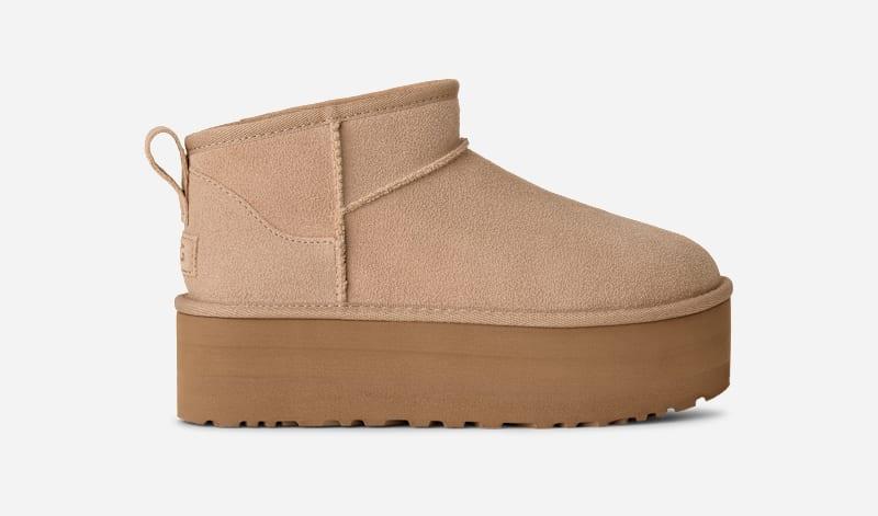 ugg® women's classic ultra mini platform suede classic boots in sand,