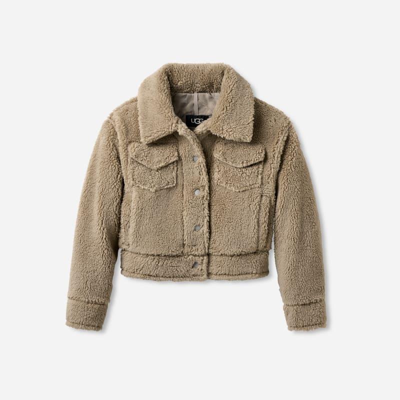 ugg® women's frankie short trucker jacket fleece tops in cobble grey,