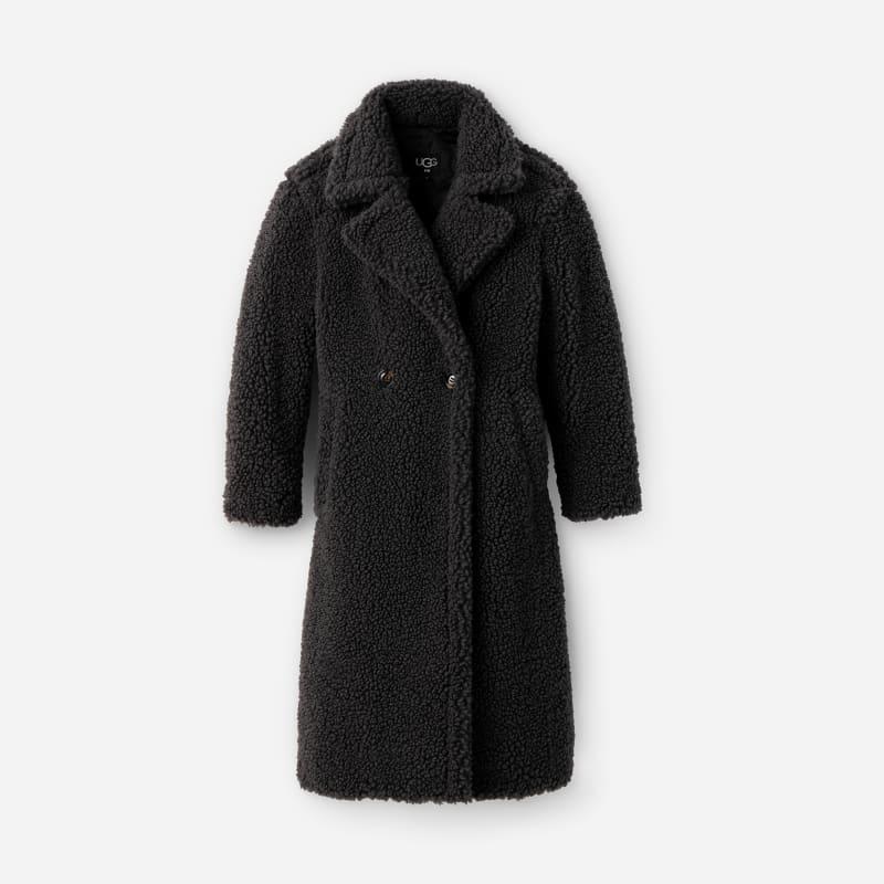 ugg® women's gertrude long teddy coat faux fur in ink black,