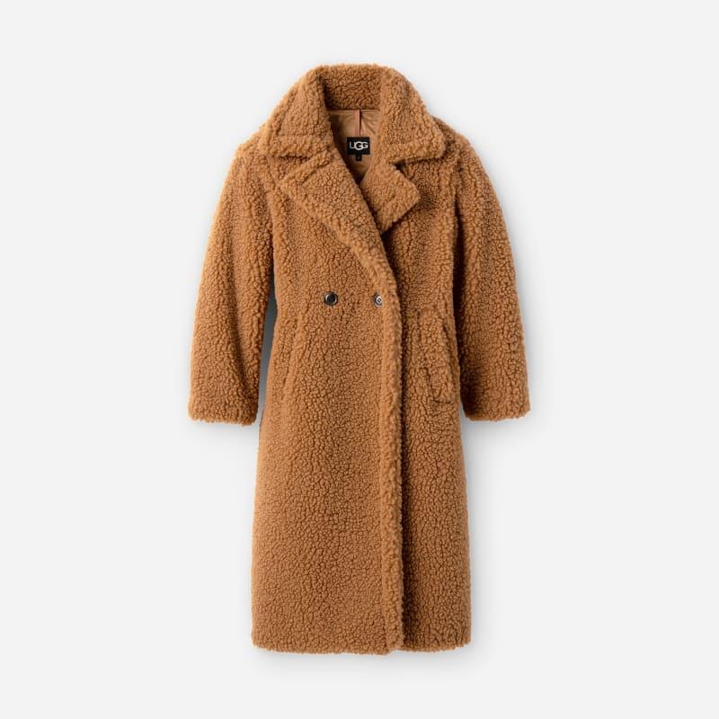 ugg® women's gertrude long teddy coat faux fur tops in chestnut,