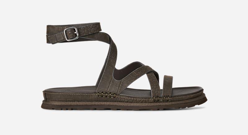 ugg® women's goldengaze embossed ankle wrap leather sandals in dense smoke,