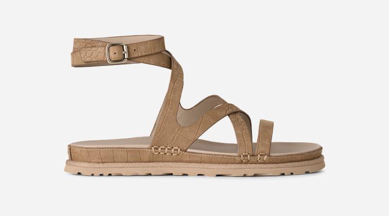 ugg® women's goldengaze embossed ankle wrap leather sandals in mustard seed,