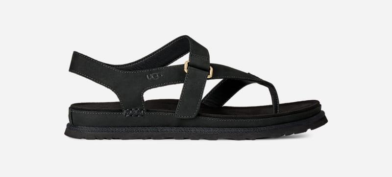 ugg® women's goldengaze toe post leather sandals in black,