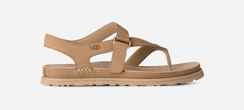 ugg® women's goldengaze toe post leather sandals in mustard seed,