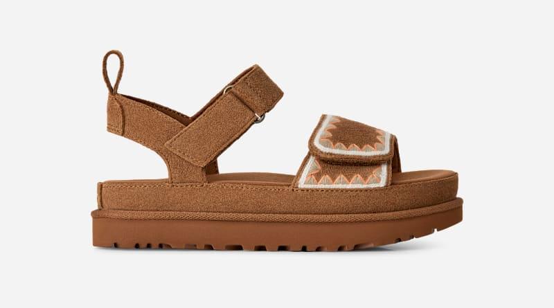 ugg® women's goldenstar artistitch suede sandals in chestnut,