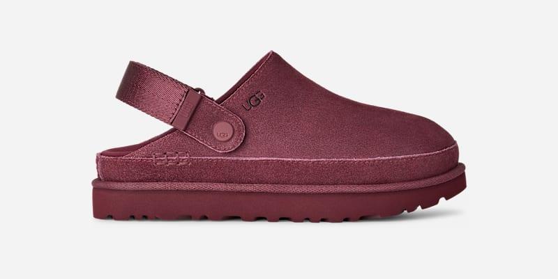 ugg® women's goldenstar clog suede shoes in burnt magenta,
