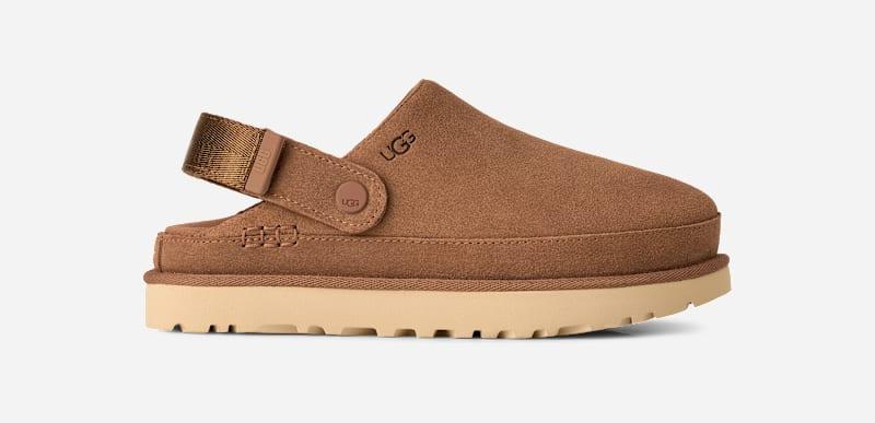 ugg® women's goldenstar clog suede shoes in chestnut,
