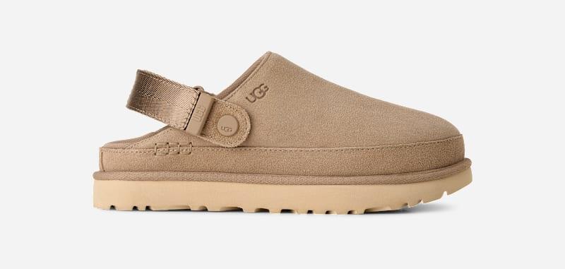 ugg® women's goldenstar clog suede shoes in sand,
