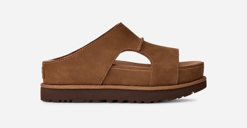 ugg® women's goldenstar hi cutout slide leather sandals in dark chestnut,