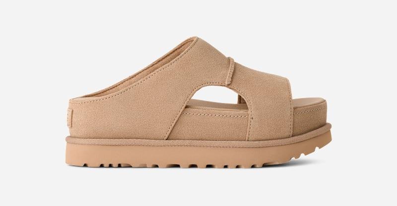 ugg® women's goldenstar hi cutout slide suede sandals in sand,
