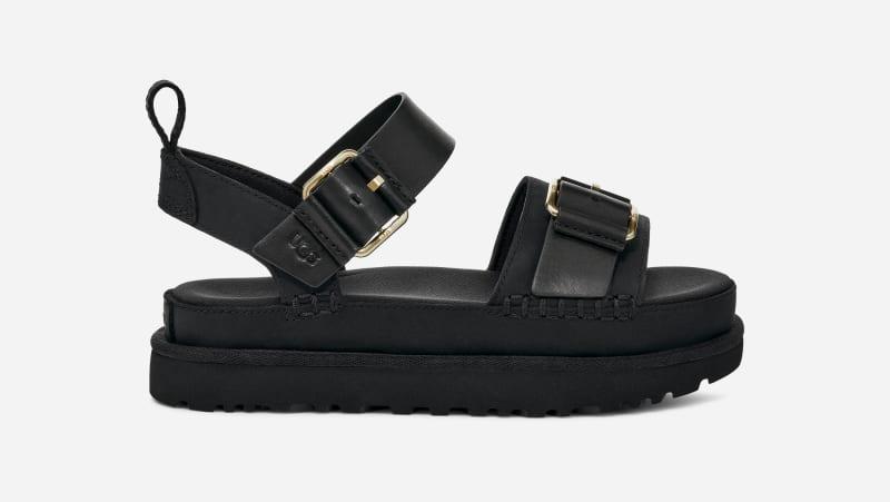 ugg® women's goldenstar villa nubuck/leather sandals in black,