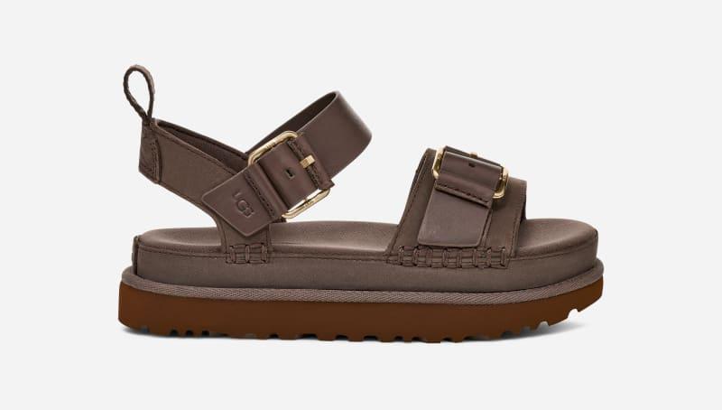 ugg® women's goldenstar villa nubuck/leather sandals in molasses,