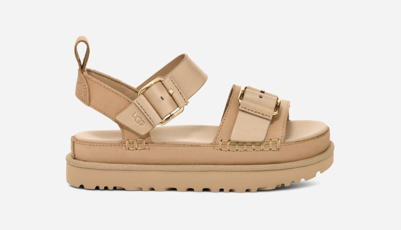 ugg® women's goldenstar villa nubuck/leather sandals in mustard seed,