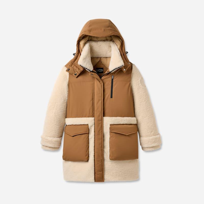 ugg® women's kaysin down parka jacket polyester in chestnut,