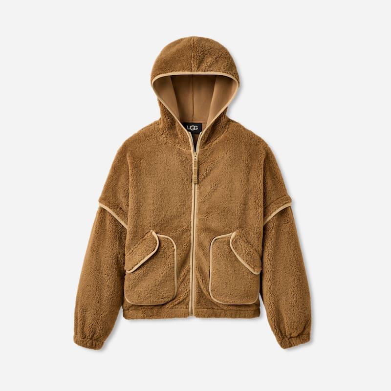 ugg® women's mariella ugg®fluff zip hoodie polyester tops in chestnut,