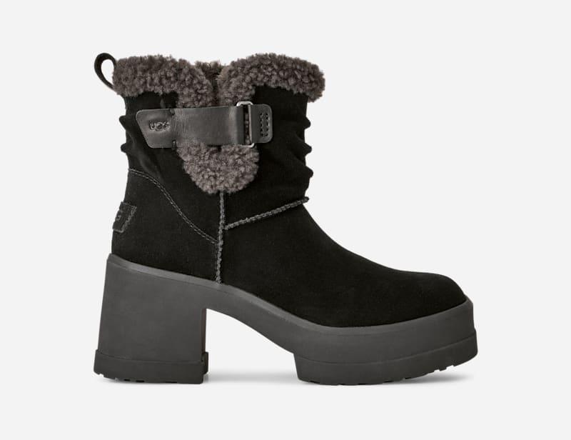 ugg® women's moxy pull on sheepskin boots in black,