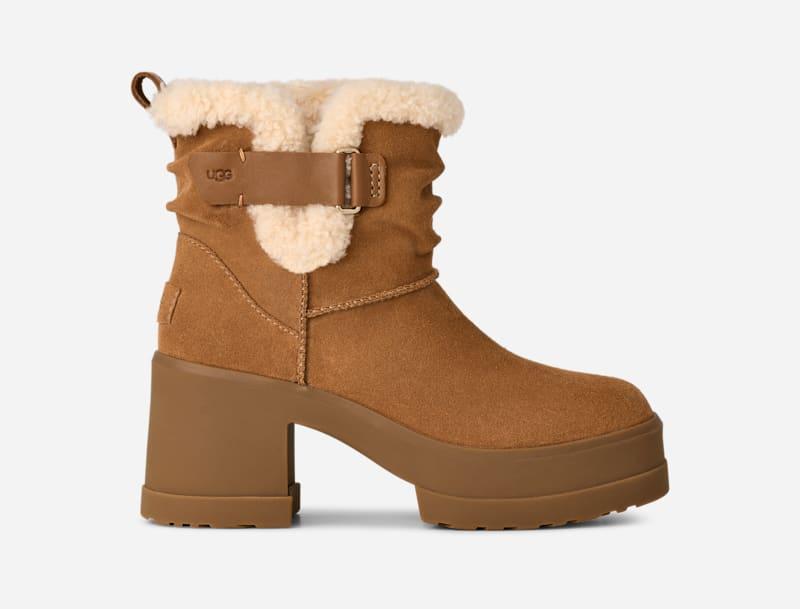 ugg® women's moxy pull on sheepskin boots in chestnut,