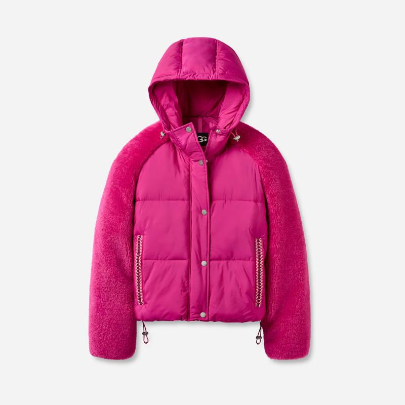 ugg® women's mykah ugg®braid puffer jacket polyester in chroma pink,