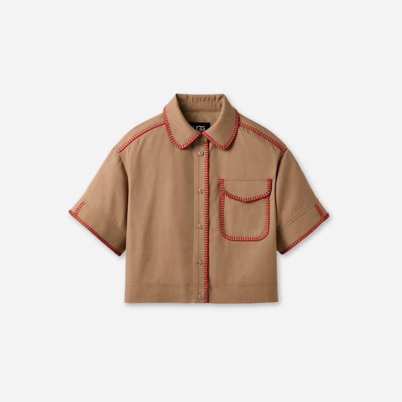 ugg® women's nathalia ss button up top tops in sand,