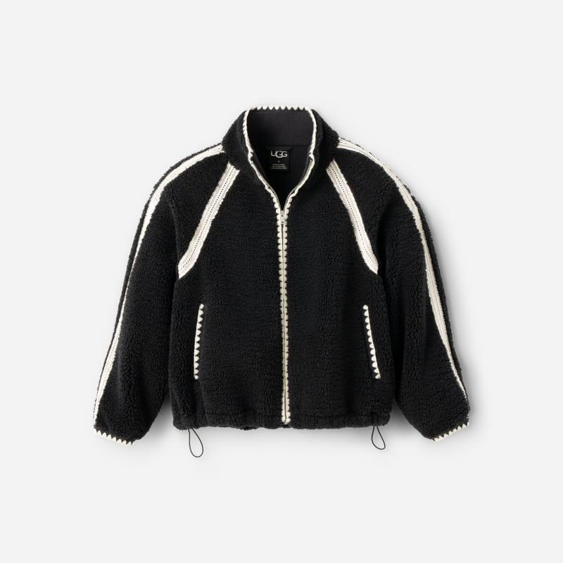 ugg® women's nikia crochet ugg®fluff jacket fleece/recycled materials tops in black,