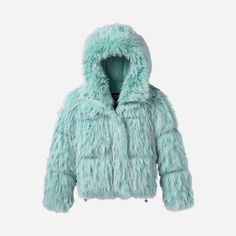 ugg® women's ronney high pile tipped jacket polyester in fountain,