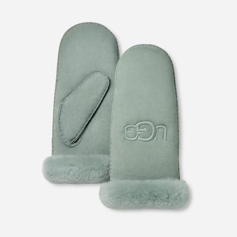 ugg® women's sheepskin embroider mitten gloves in grey mist,