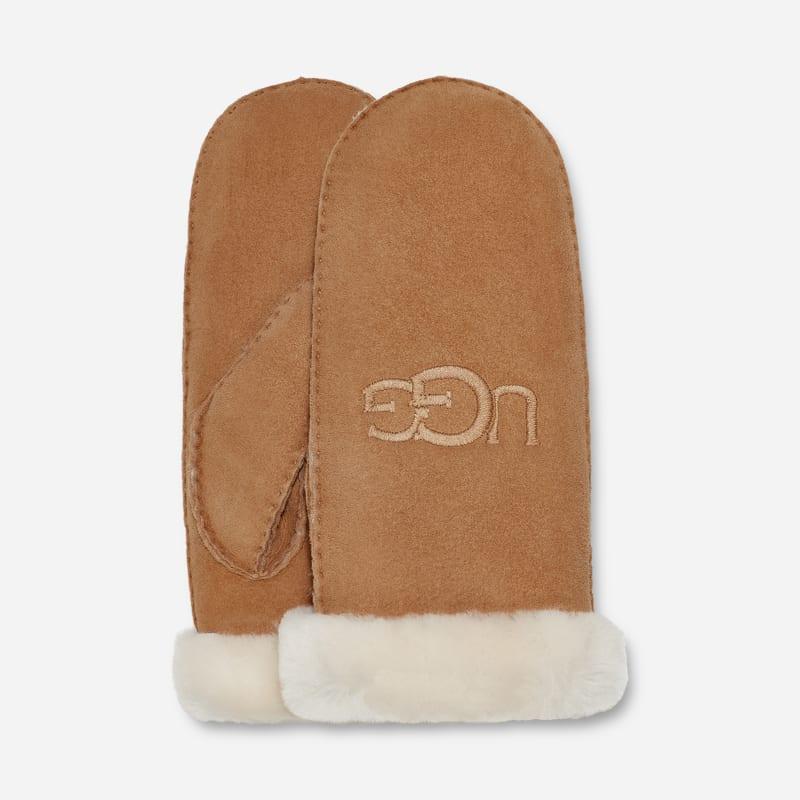 ugg® women's sheepskin embroider mitten in chestnut,