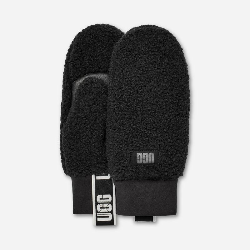 ugg® women's ugg®fluff mitten with logo tape fleece in black,