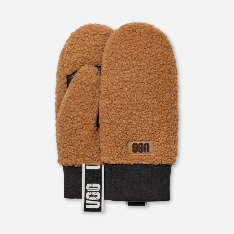 ugg® women's ugg®fluff mitten with logo tape fleece in chestnut,