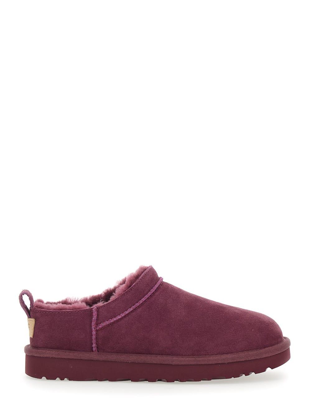 ugg classic micro bordeaux ankle boots with logo embossed in suede woman