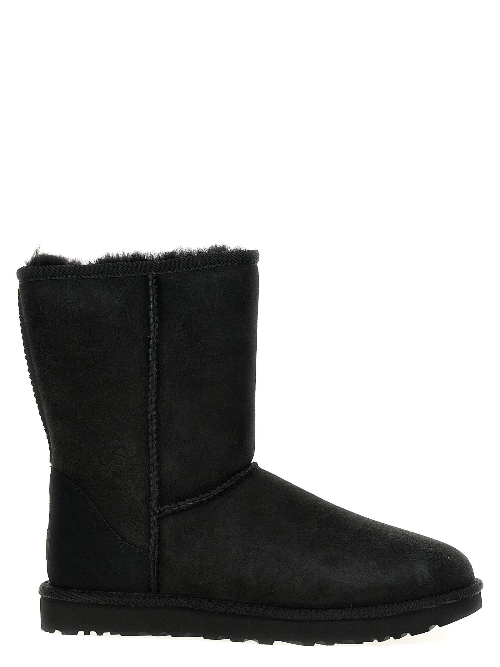 ugg classic short ii boots black sheepskin cow leather boots, ankle - women