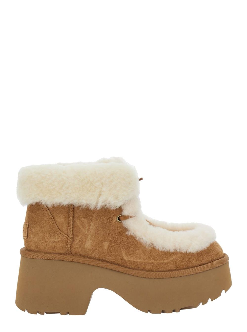 ugg esmee beige ankle boots with fur detailing and platform in suede woman
