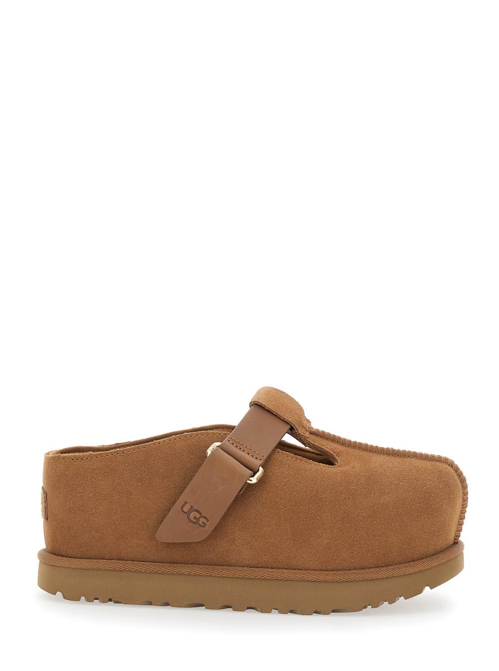 ugg goldenstar brown mule with back logo patch in suede woman