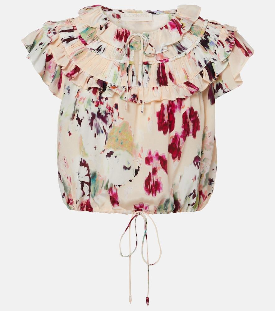 ulla johnson eleonore floral ruffled silk crop top