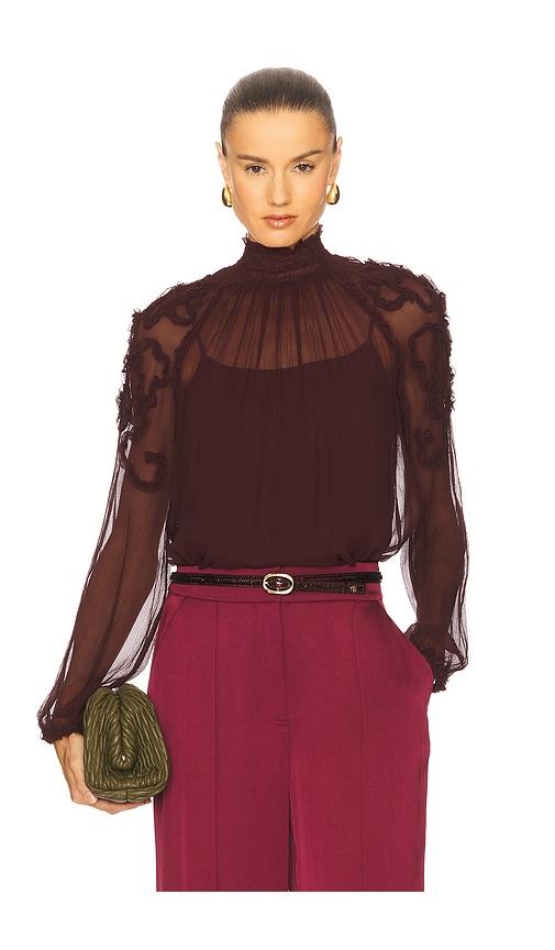 ulla johnson magdalena long sleeve blouse in burgundy.