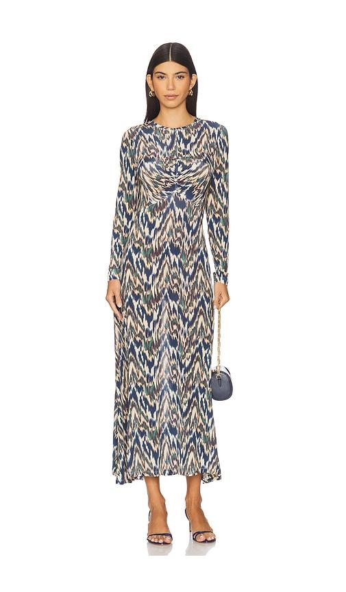 ulla johnson naia long sleeve ruched midi dress in blue.
